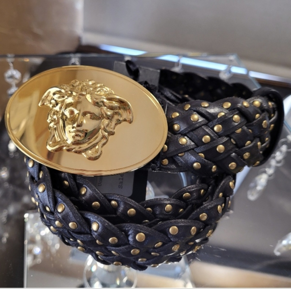 Versace Medusa Medallion Black and Gold Braided Studded Belt. Rare Find 85/34 - Picture 12 of 17